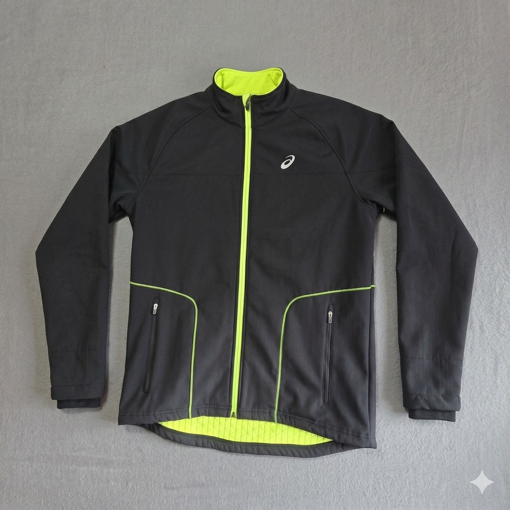 Asics Mens Large Black Neon Yellow Softshell Running Cycling Jacket Full Zip L